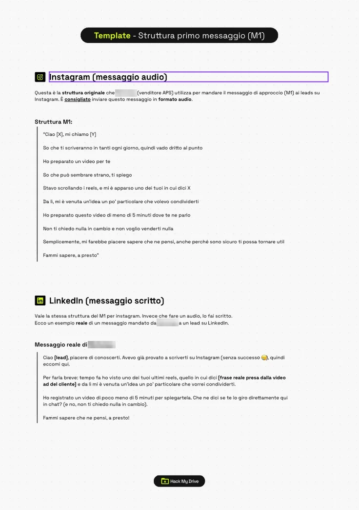 Il template dei messaggi, con la struttura del primo contatto.