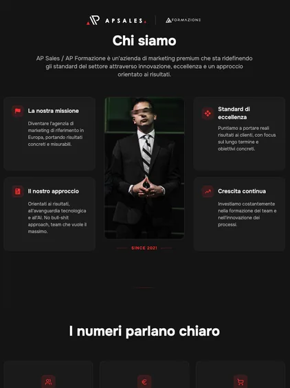 Pagina «Chi siamo» di AP Sales, con quattro riquadri attorno a una foto