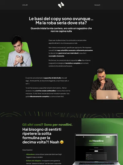 Pagina di vendita di un corso di copywriting, con le foto su fondi verdi