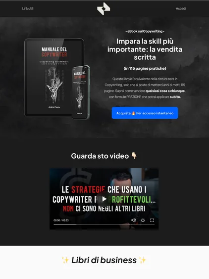 Pagina di un eBook di copywriting, col libro su tablet e telefono