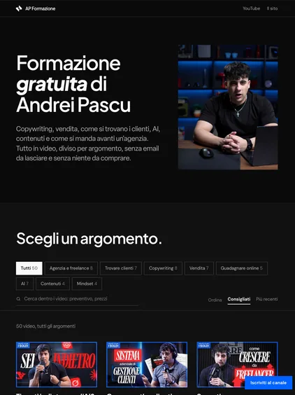 Pagina della formazione gratuita di Andrei Pascu, coi video divisi per argomento