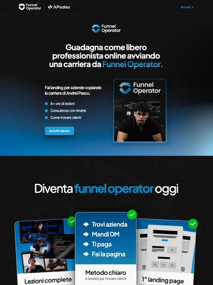 La pagina di vendita di Funnel Operator, con la copertina del corso