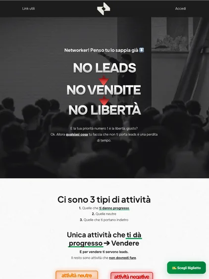 Pagina per networker, col titolo «No leads, no vendite, no libertà»
