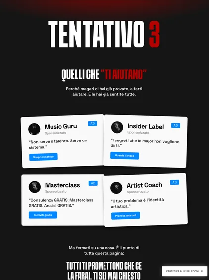 Pagina scura col titolo «Tentativo 3» e quattro finte inserzioni