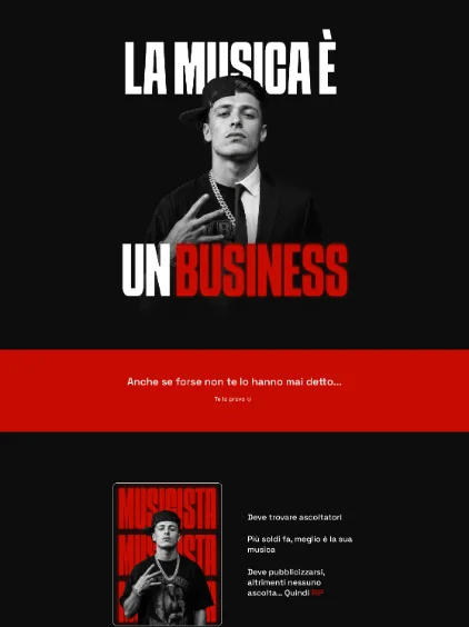 Landing page di Croma555, col titolo «La musica è un business»