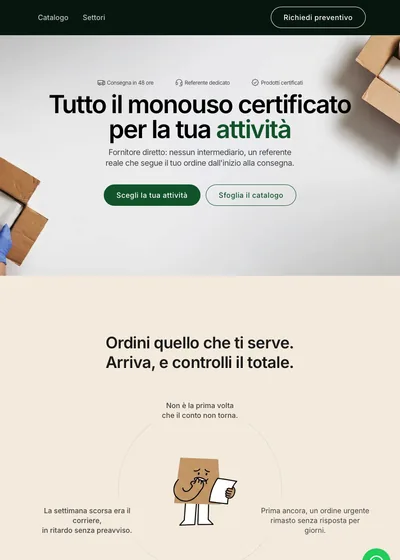 Landing page di un fornitore di prodotti monouso certificati